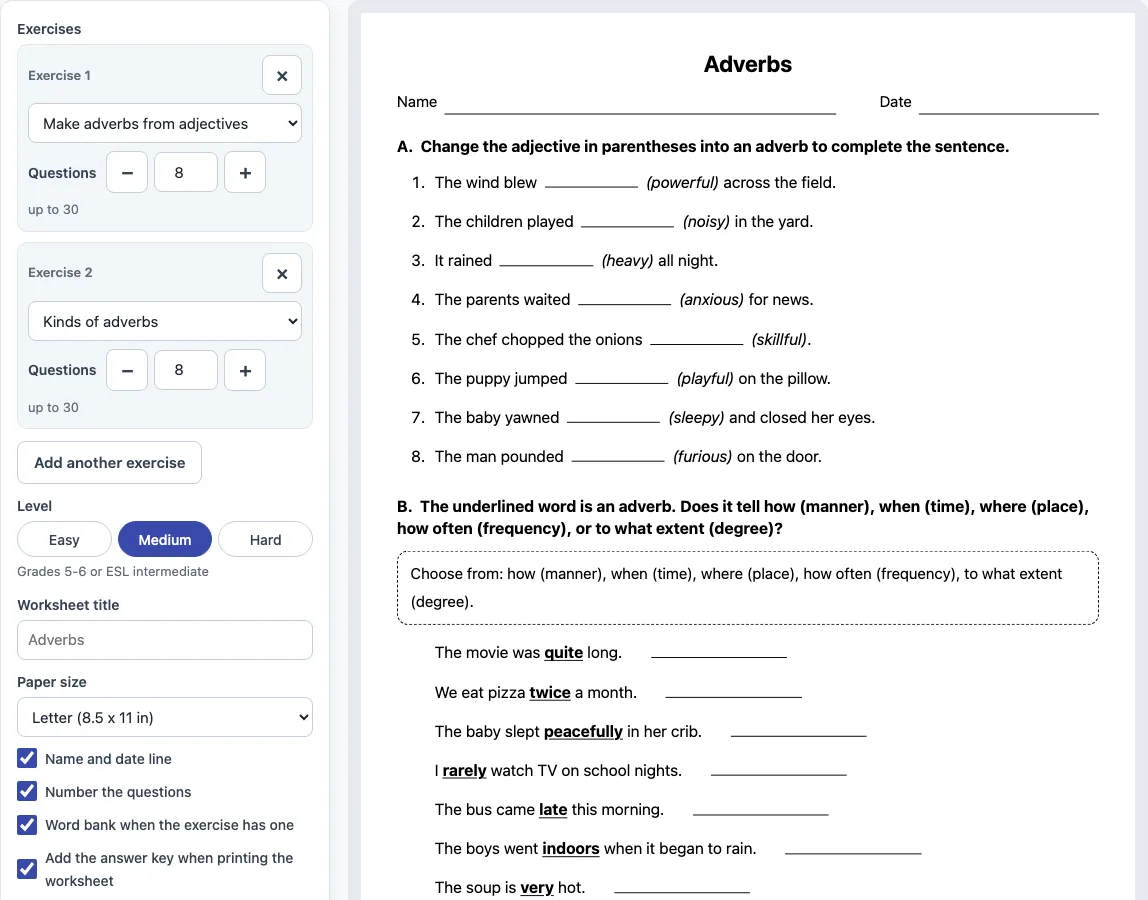 Adverb worksheets example