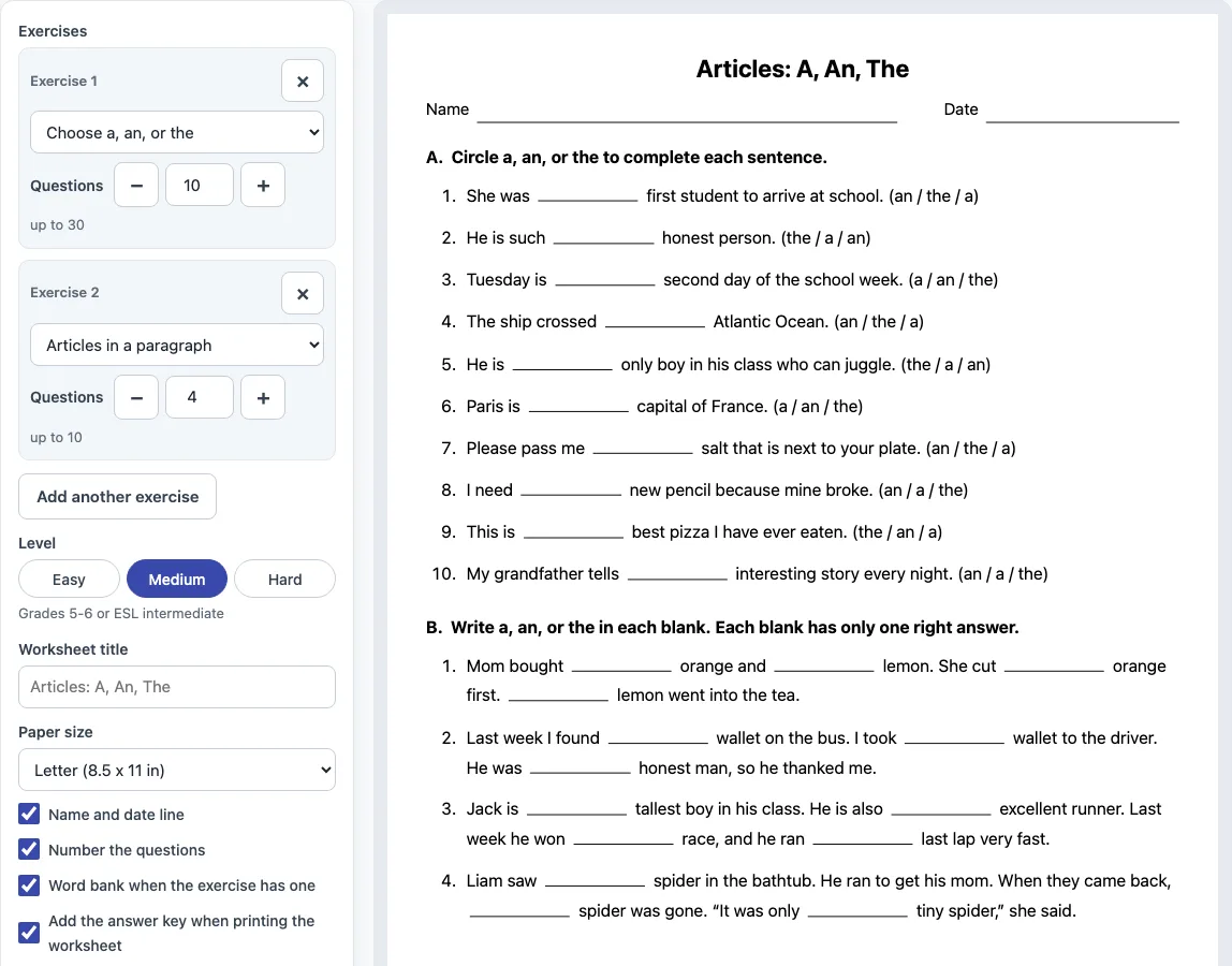 Articles grammar worksheet example