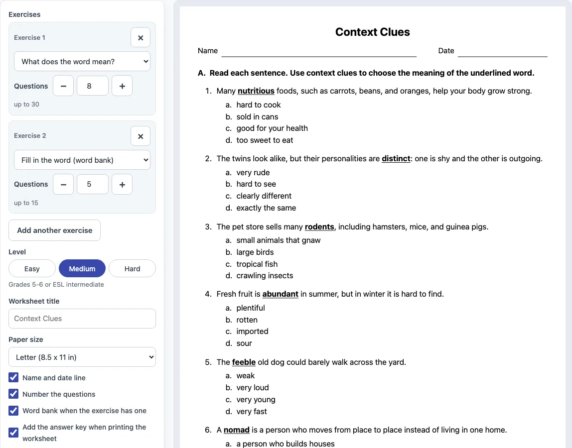 Context clues worksheet example