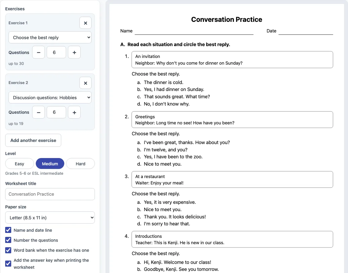 Conversation exercises esl example