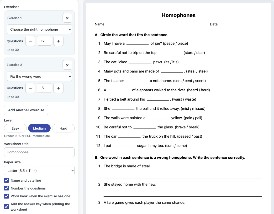 Homophones worksheet example