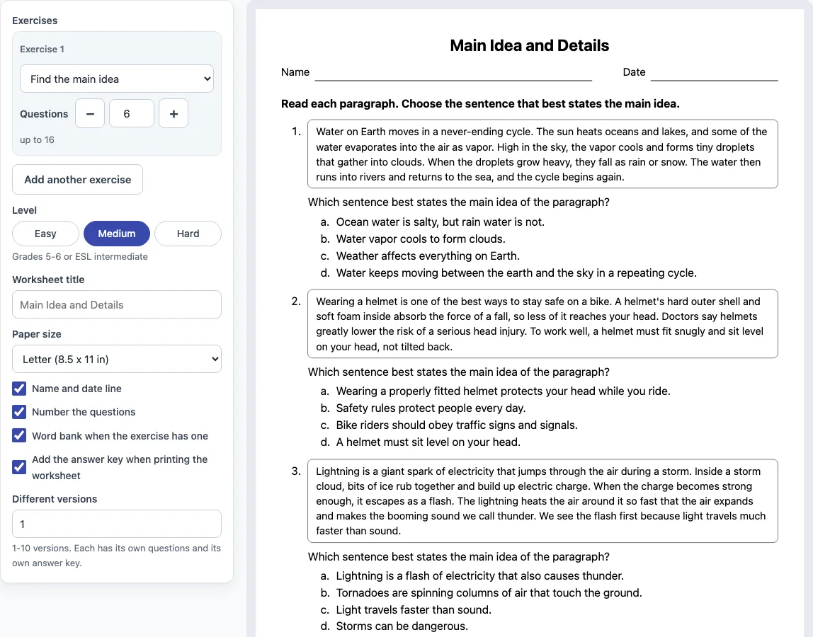 Main idea and details worksheets example