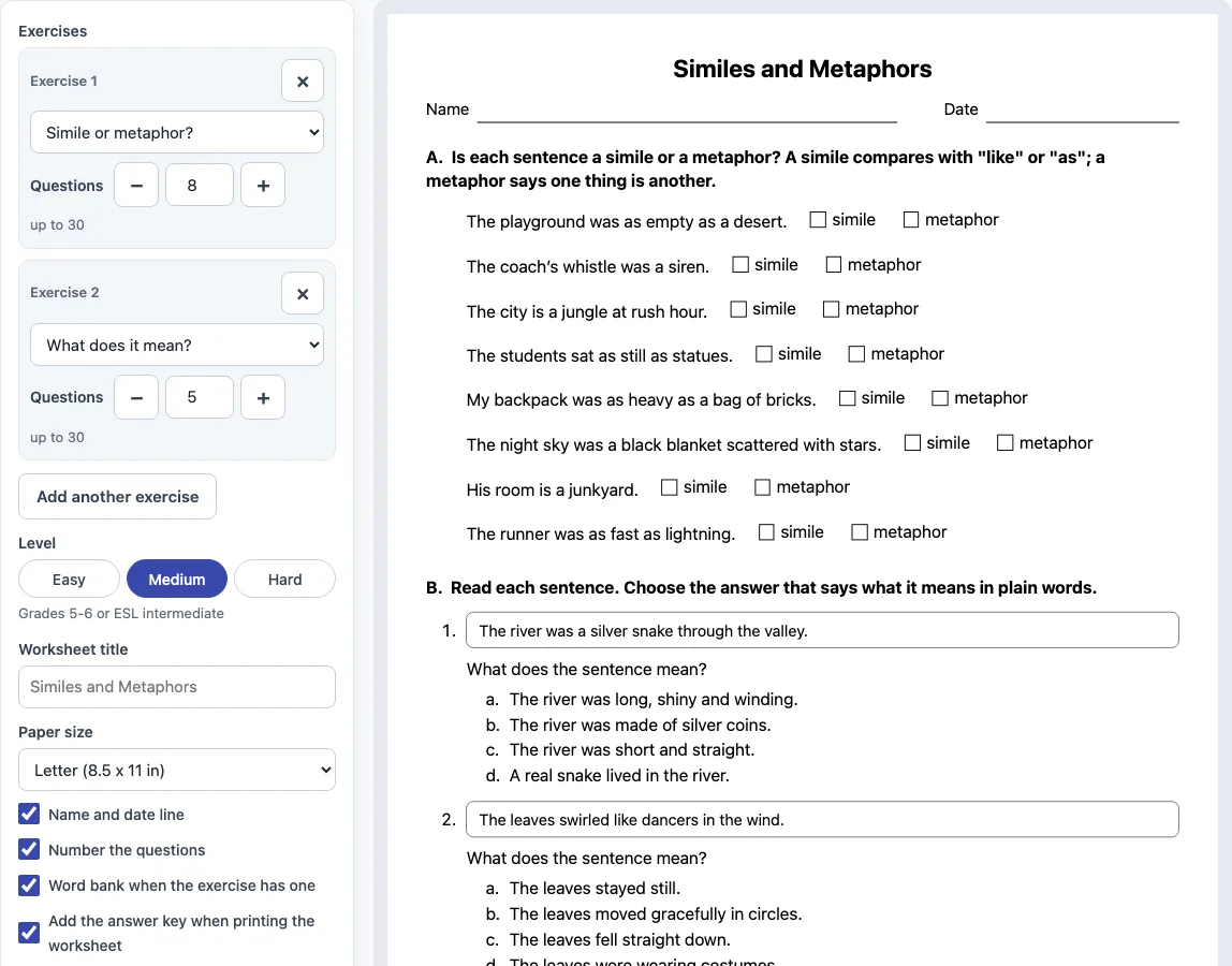 Similes and metaphors worksheet example