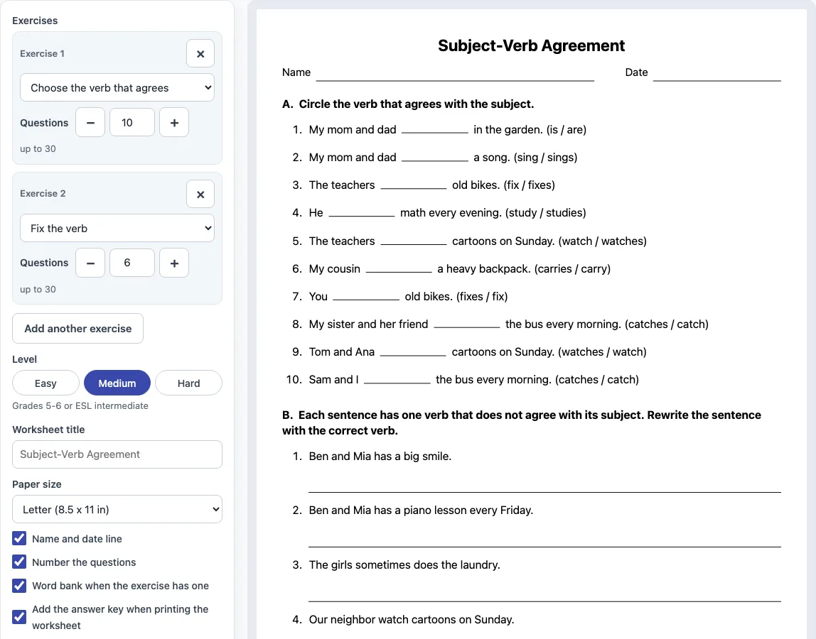 Subject verb agreement worksheet example